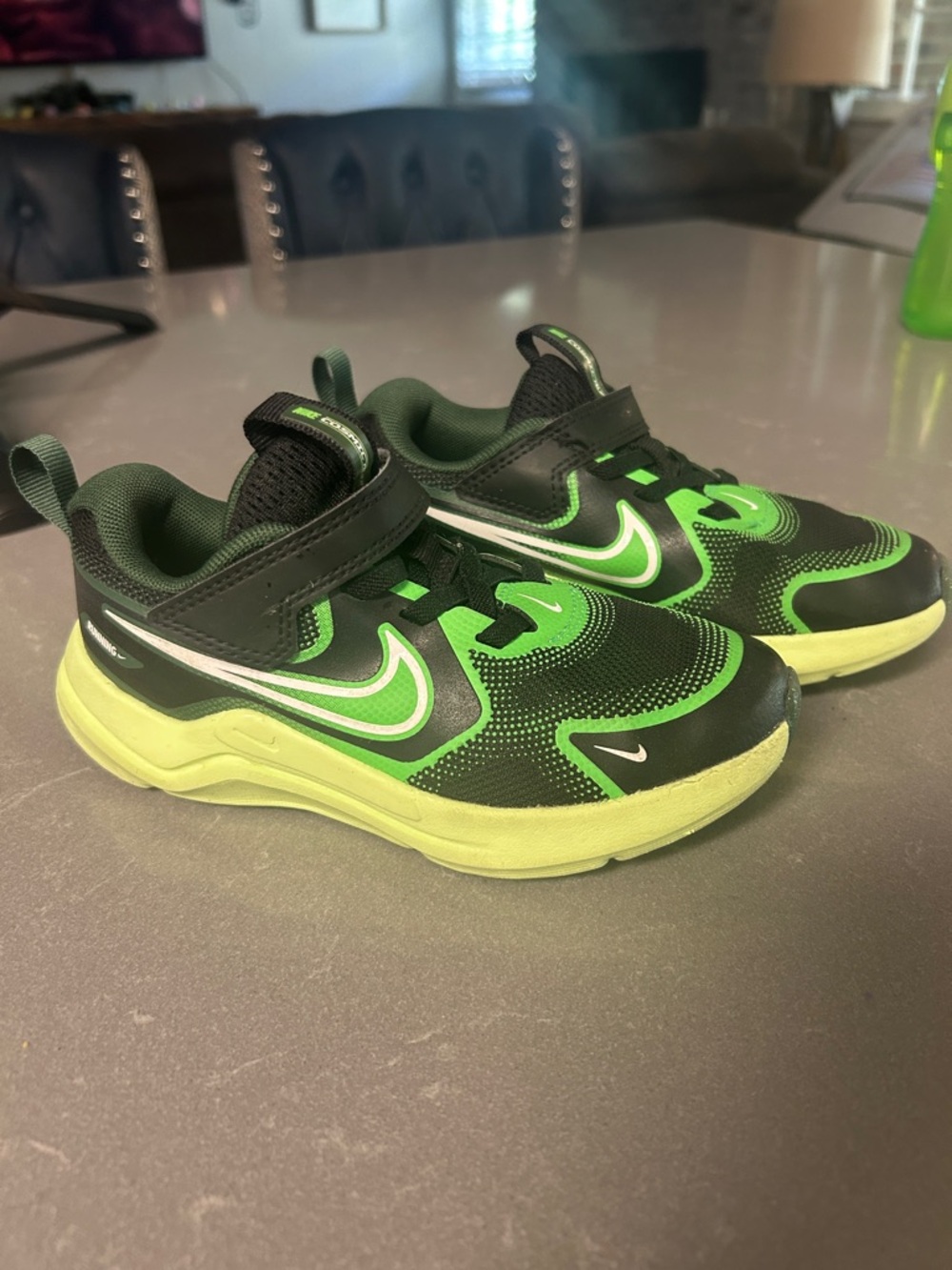 Nike Black and Neon Green Kids' Sneakers with Hook-and-Loop Strap